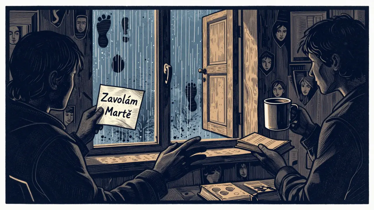 Dvě ruce se dotýkají v temné místnosti, jedna drží poznámku, druhá čaj.