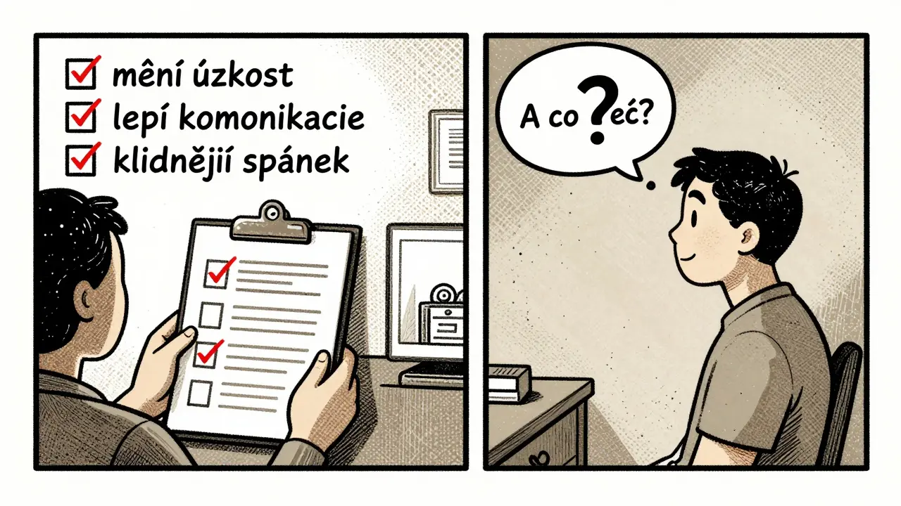 Dvě scény: vlevo šťastný klient s kontrolním seznamem, vpravo stejný člověk s otazníkem doma.