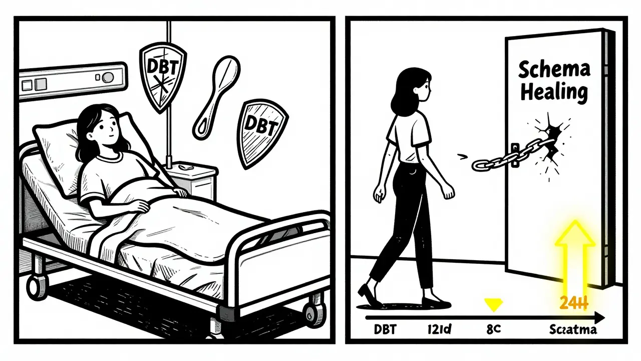 Dvě ženy v rozděleném panelu: jedna v nemocnici s nástroji DBT, druhá vstupuje do dveří s léčbou schémat.