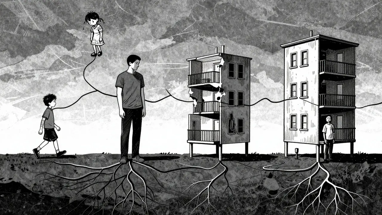 Fragmentovaný příběh života: dětství, izolace, pracovní ztráta a byt bez výtahu spojené kořeny.