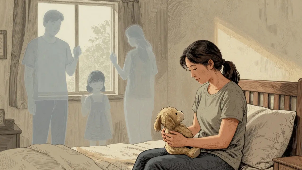 Jeden rodič s hračkou, za ním se mění stíny rodiny, v dřevořezu.