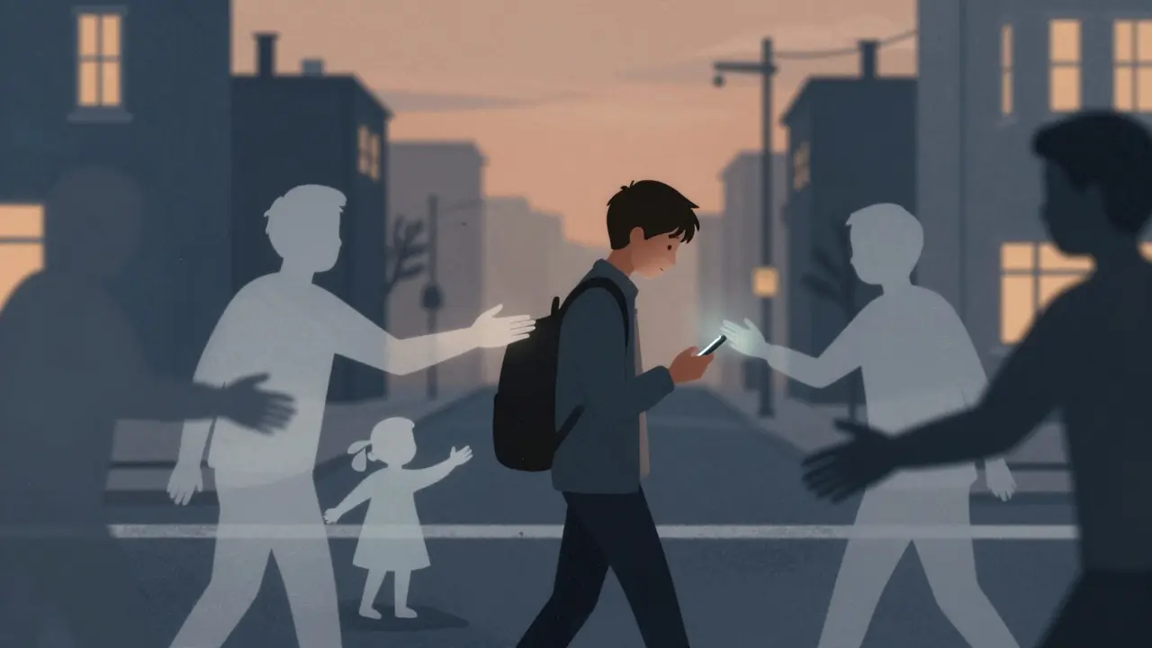 Mladý člověk na ulici je osázen světelnými rukama přátel a rodiny, zatímco temné tvary odcházejí.