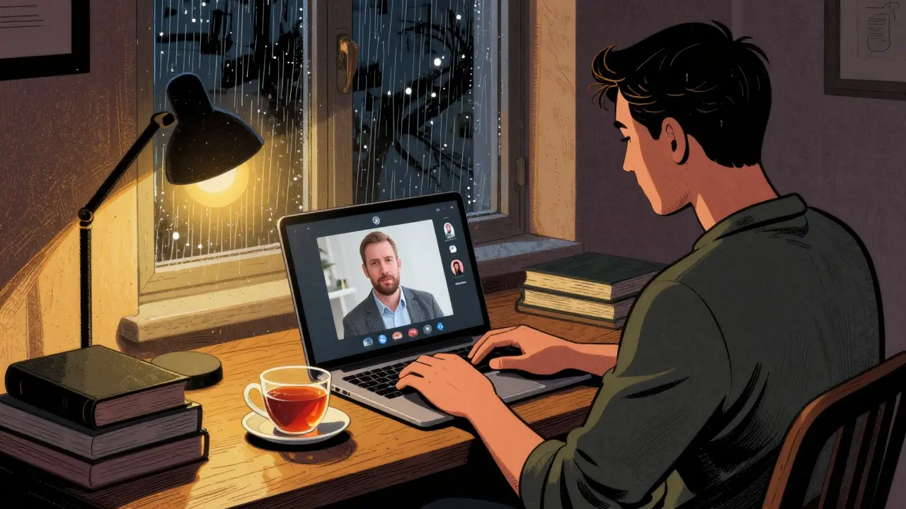 Muž pracuje na dálku v Berlíně a má online sezení s terapeutem.