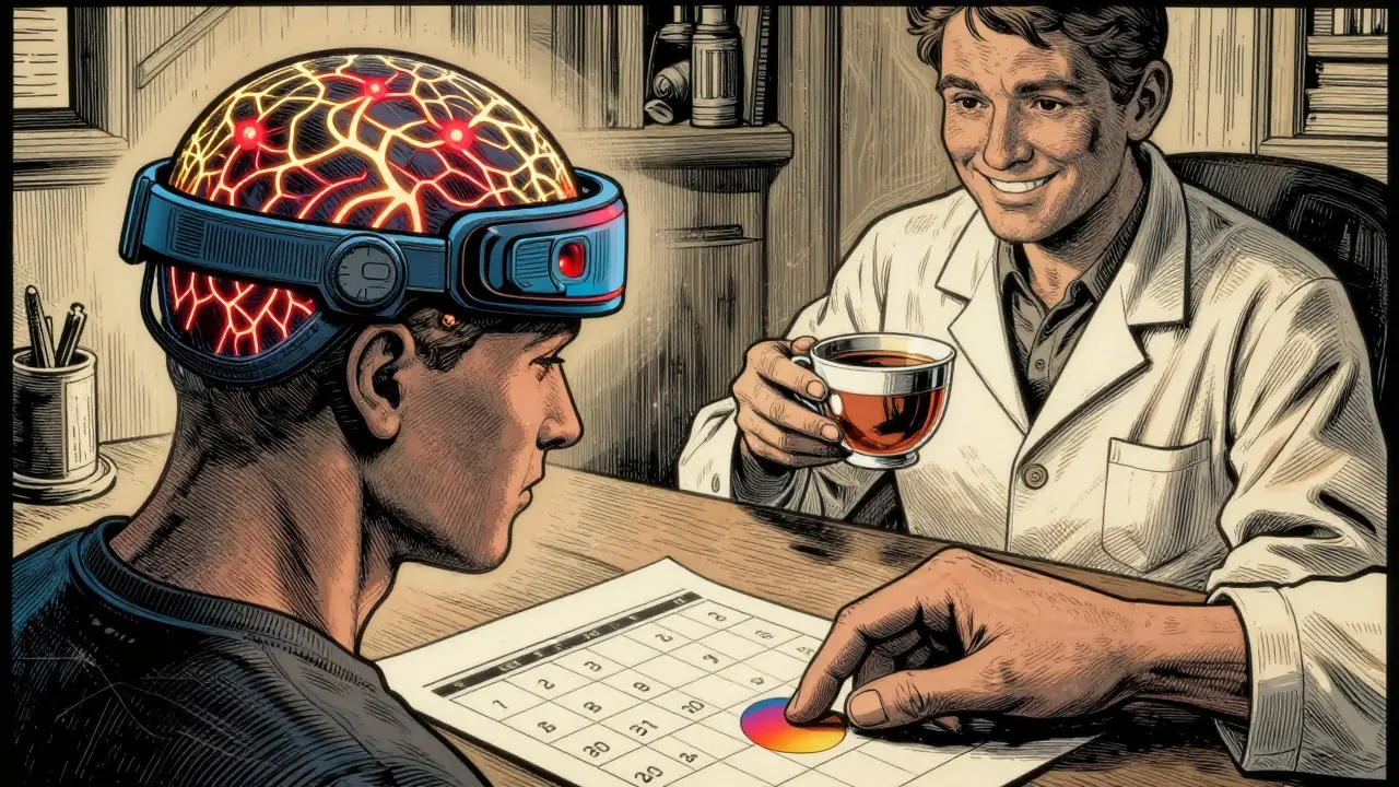 Neurofeedback připojený k hlavě, zatímco ruka kreslí barevný kroužek na papírovém kalendáři, terapeut stojí s čajem.