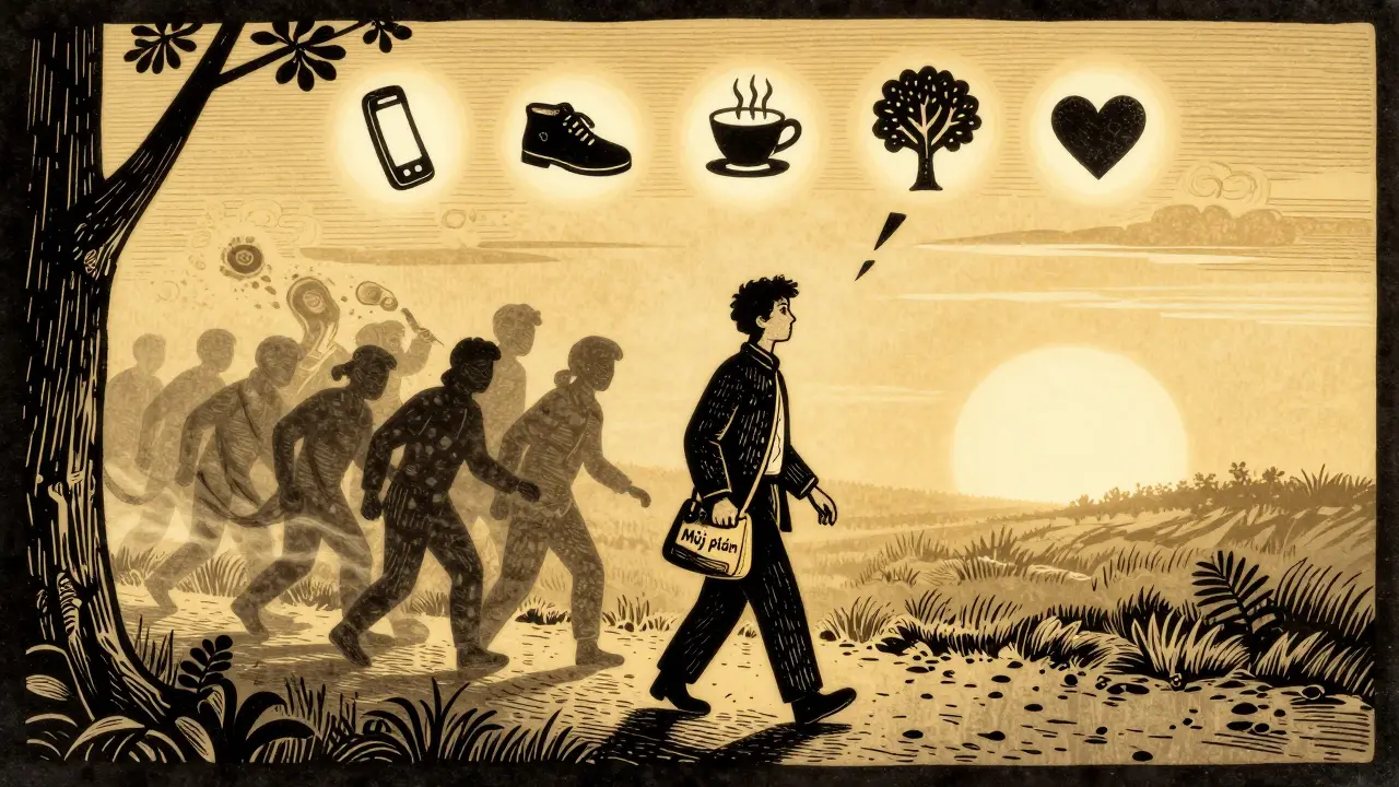 Osoba jde po cestě v šero, nese sáček s plánem, kolem ní plavou symboly pomoci.