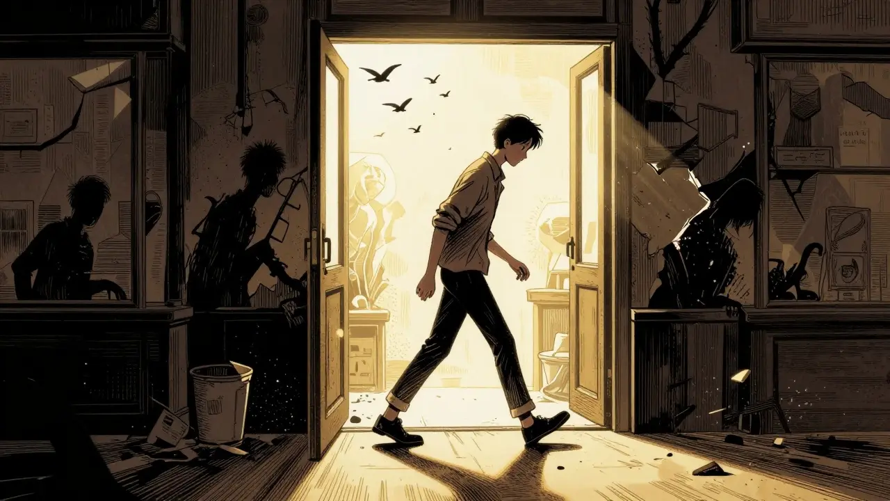 Osoba kročí do obchodu, temné stíny traumatické minulosti za ní pryč, slunce ji osvětluje.