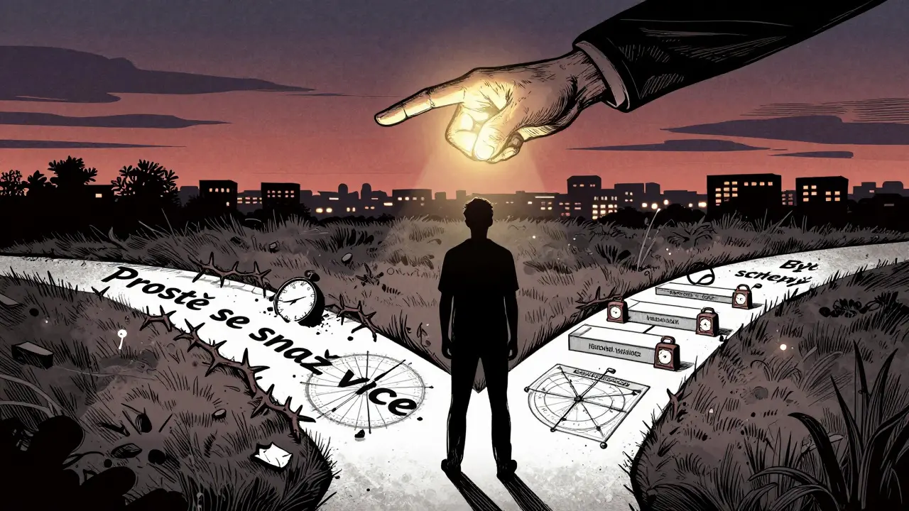 Osoba na křižovatce mezi neúspěšným přístupem a cestou k dosažitelné produktivitě.