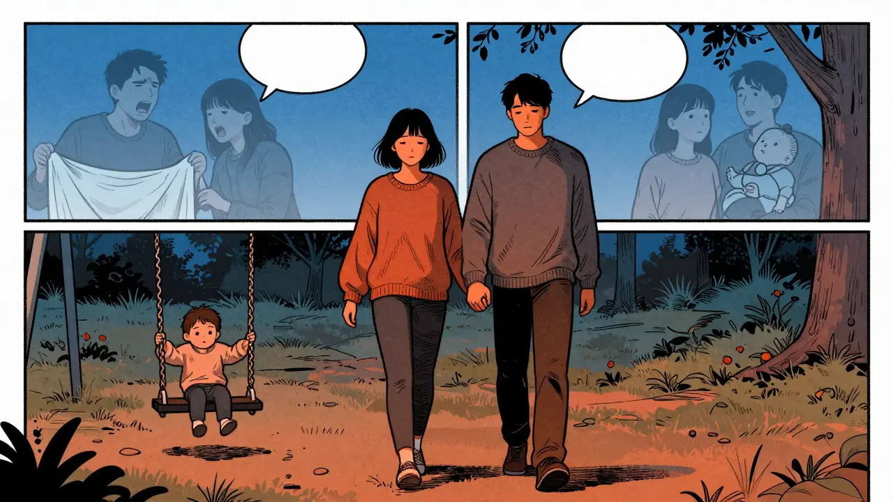 Pár jdoucí po parku večer, dítě hraje na houpačce, za nimi stíny dřívějších konfliktů.