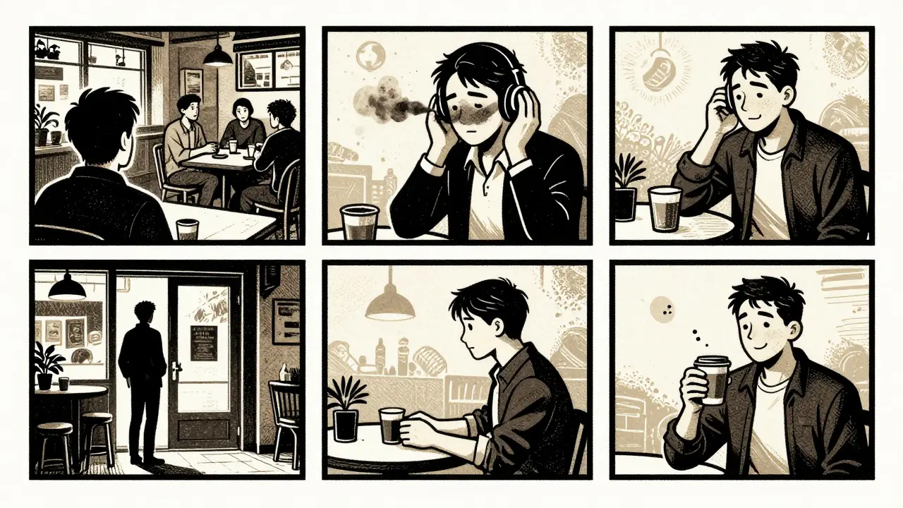 Postupné vystavování úzkosti v kavárně znázorněno jako pět kroků v komiksovém stylu.