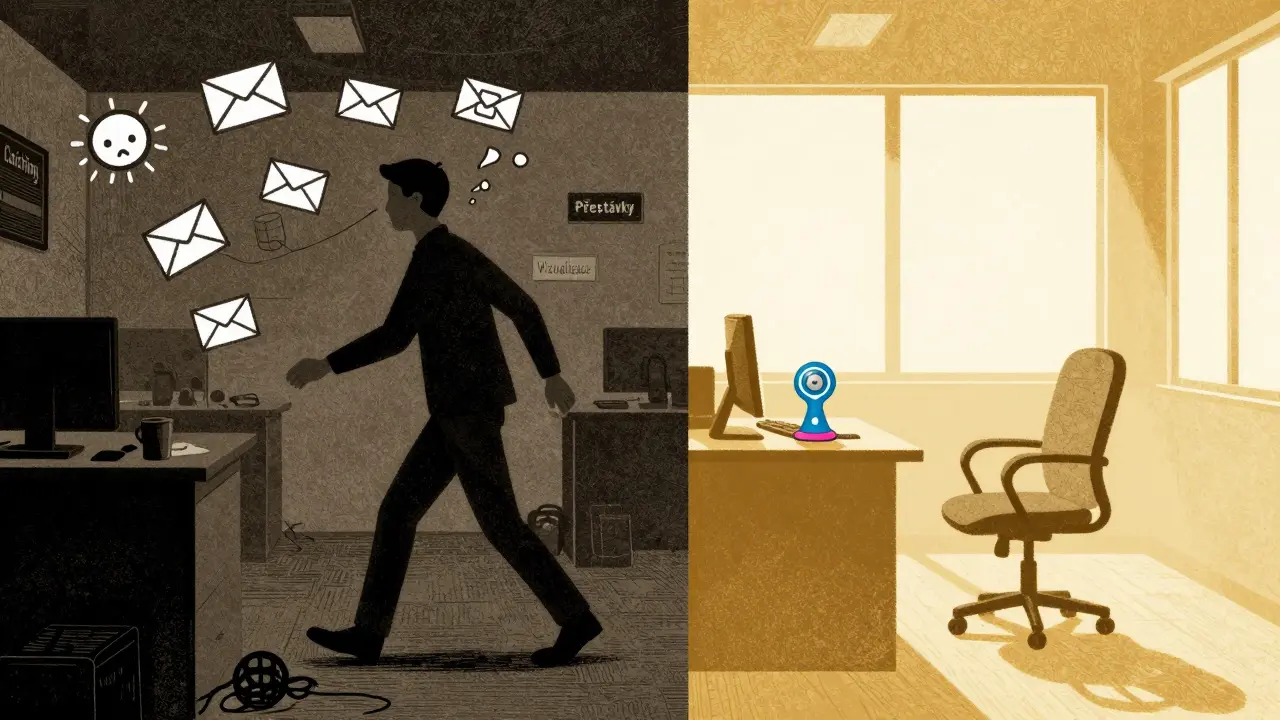 Přechod z rušného do klidného pracovního prostředí jako symbol změny a podpory.