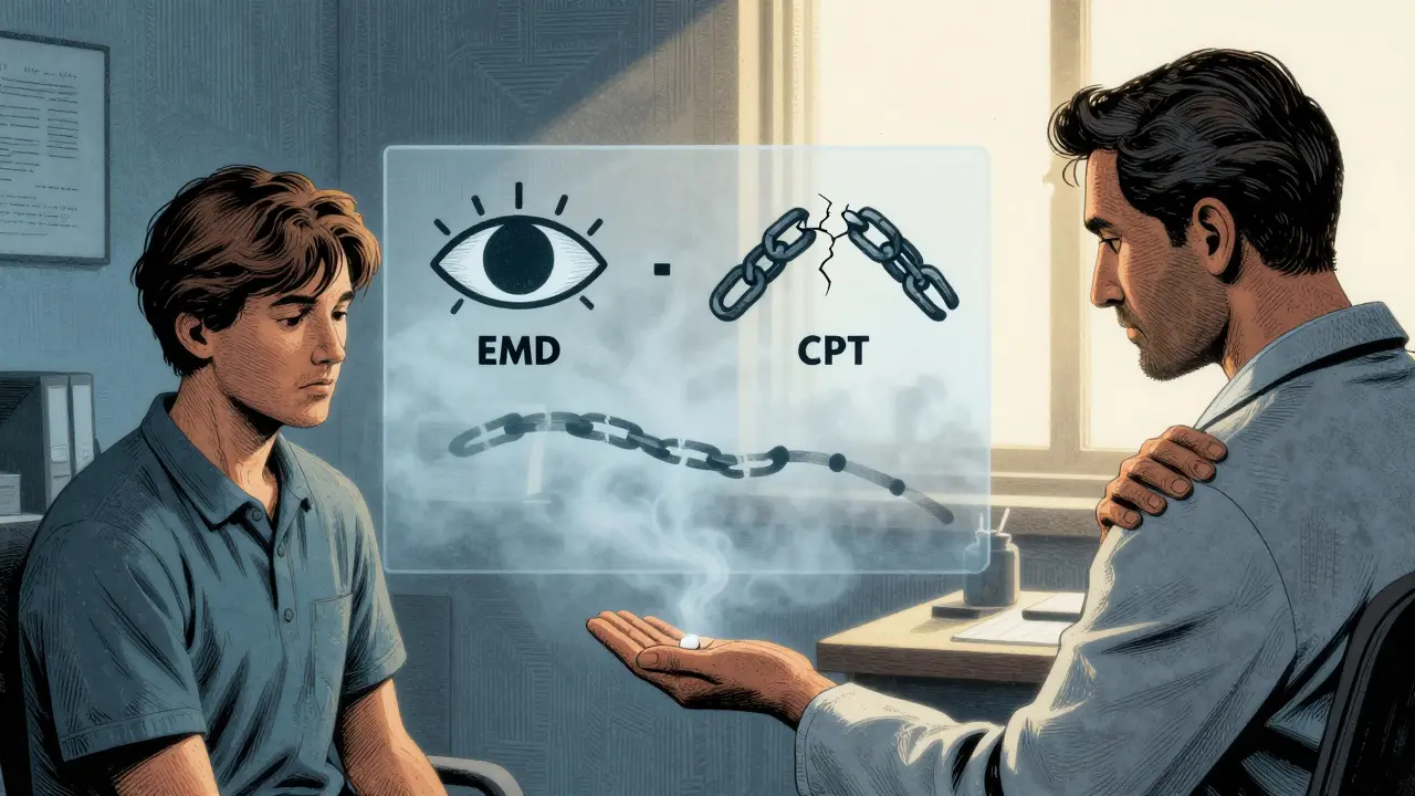 Psychiatr a pacient v kanceláři, za nimi symboly psychoterapie.