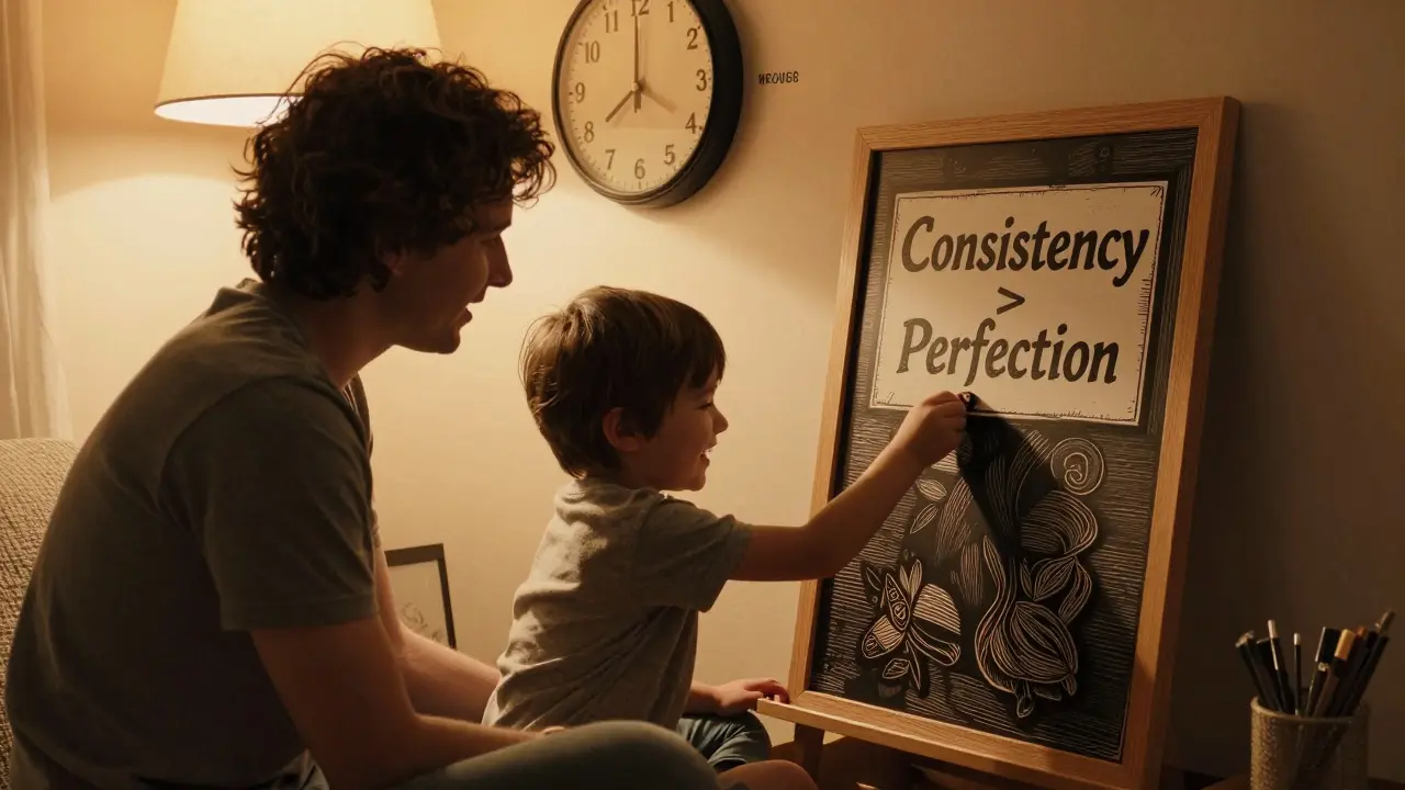 Rodič a dítě společně dokončují denní plán, hodiny ukazují stejný čas i na víkend.