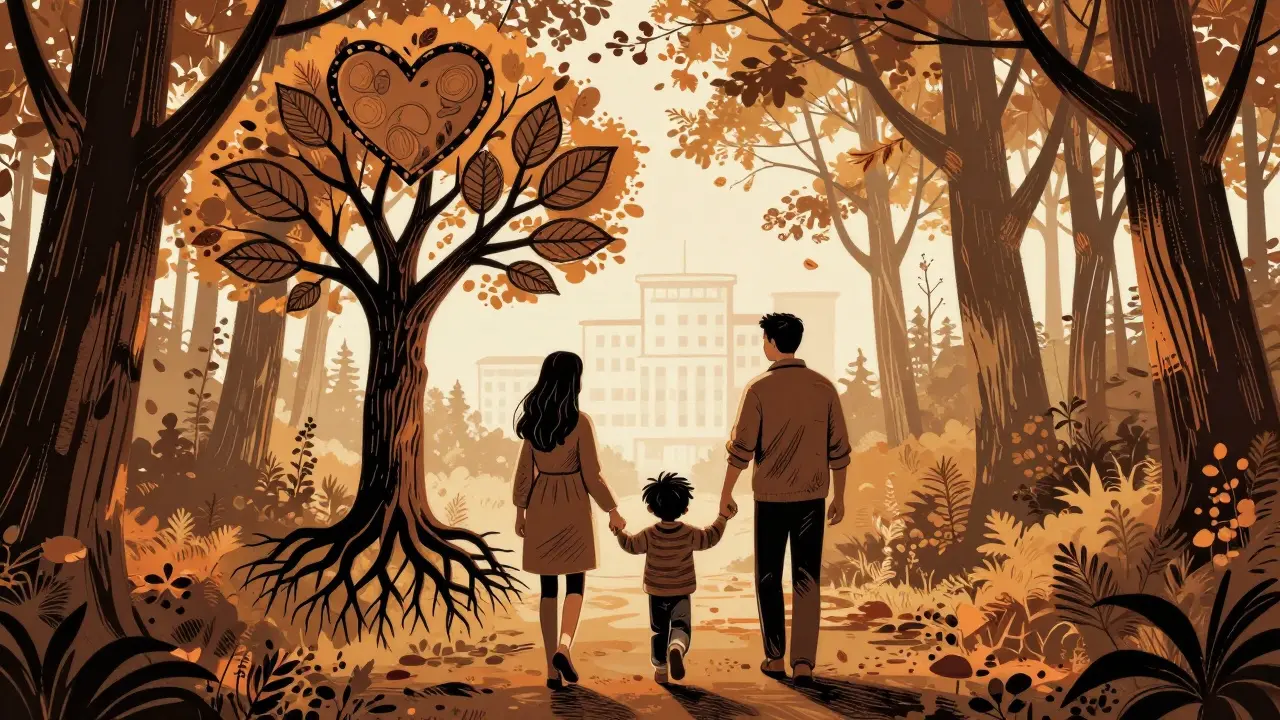 Rodina prochází lesem, dítě se usmívá, symbolické stromy a odcházející nemocnice, znak uzdravení.