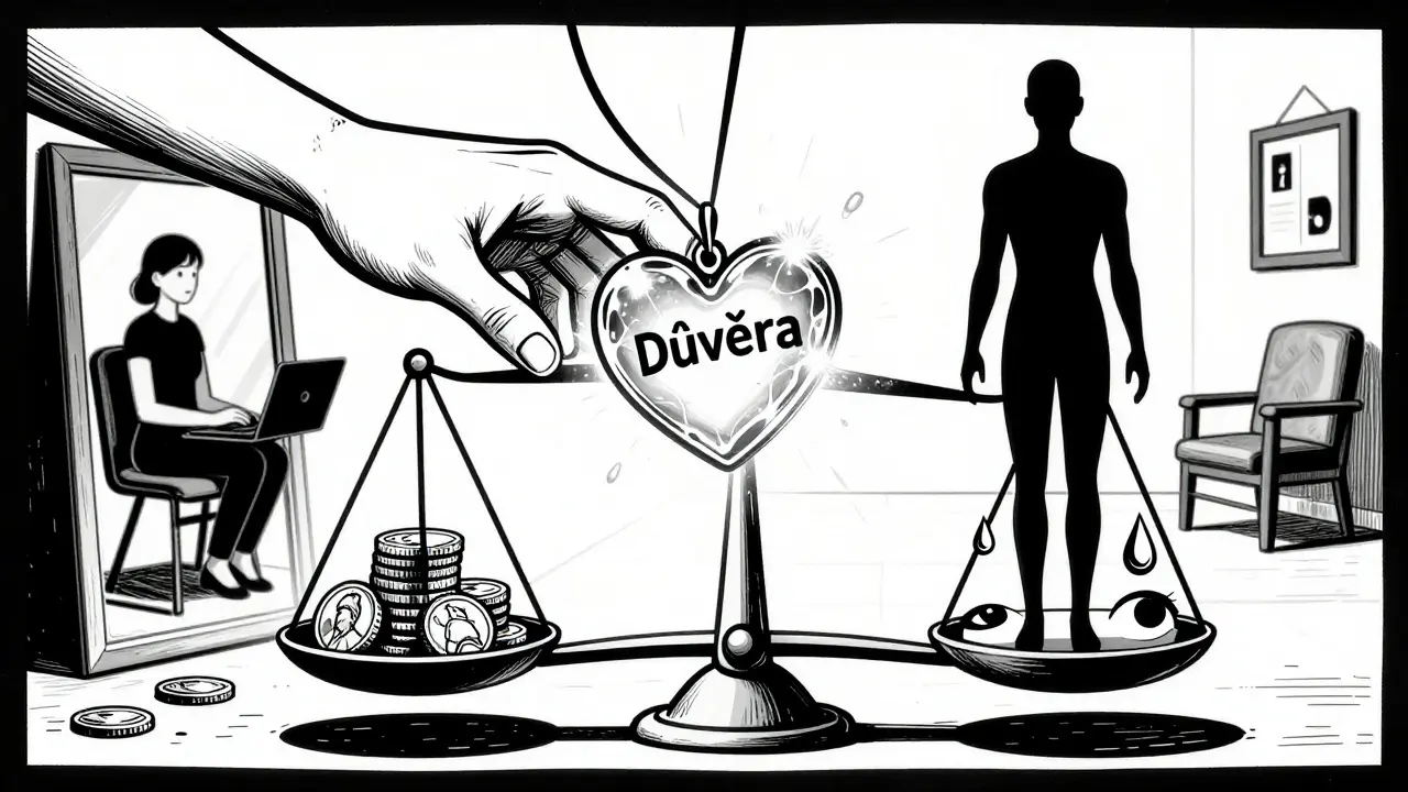 Ruka chytá svítící srdce na váze mezi penězi a slzami, s odrazem různých terapeutických prostředí.