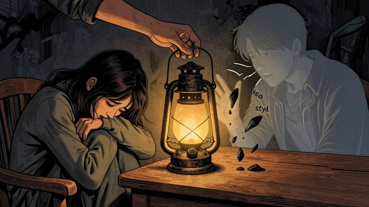 Ruka klade svíčku vedle osoby, záře rozptyluje černé kousky špatného pocity.