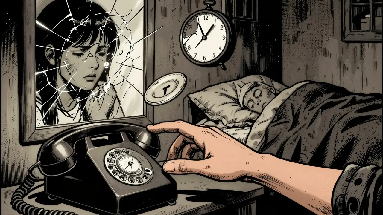 Ruka se táhne k telefonu v tmavé ložnici, v zrcadle se odráží rozdrcený obraz.