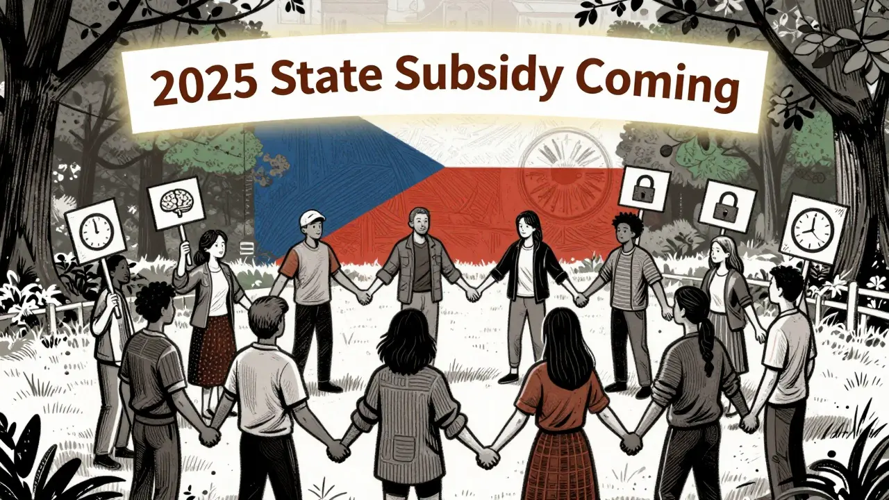 Skupina lidí v parku symbolizuje přístup k různým druhům terapie a státní podporu.