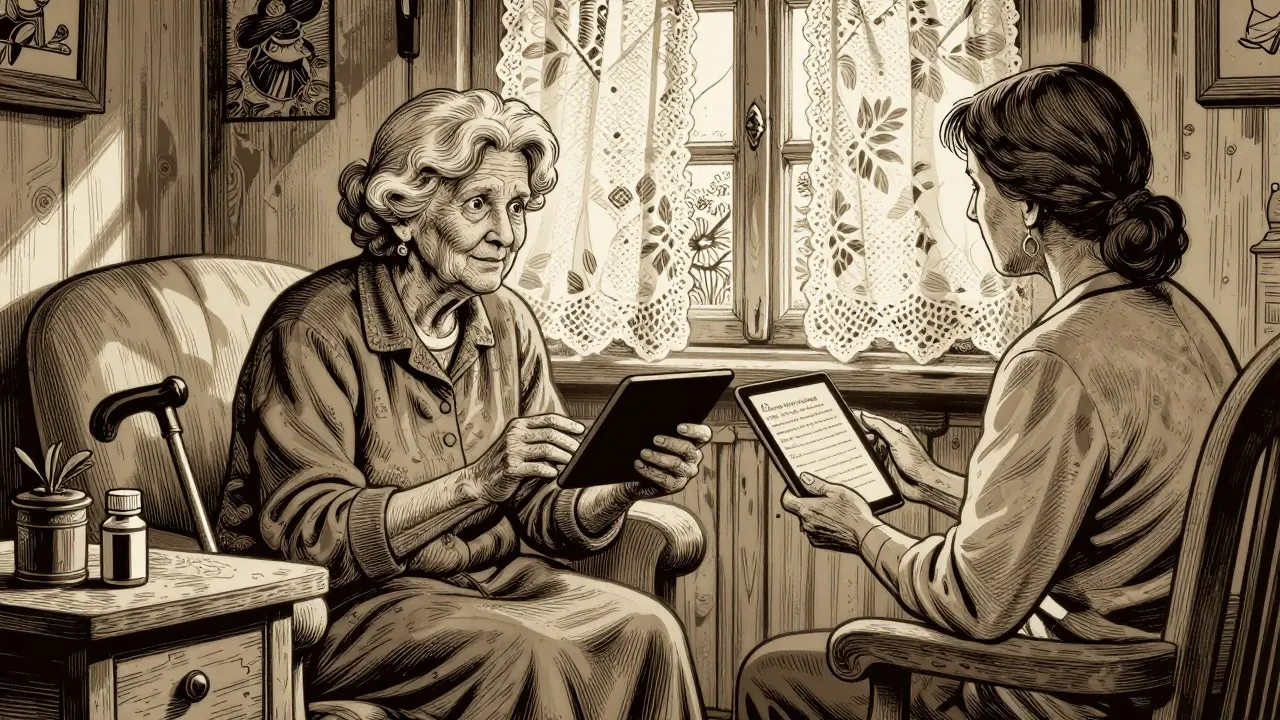 Stará žena v českém domě hovoří s terapeutem přes tablet.