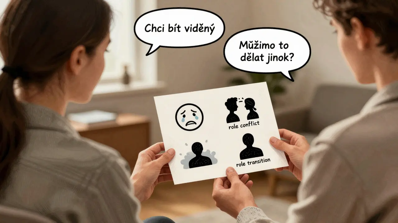 Terapeut a klient diskutují o čtyřech typech vztahových problémů pomocí vizuálních ikon.