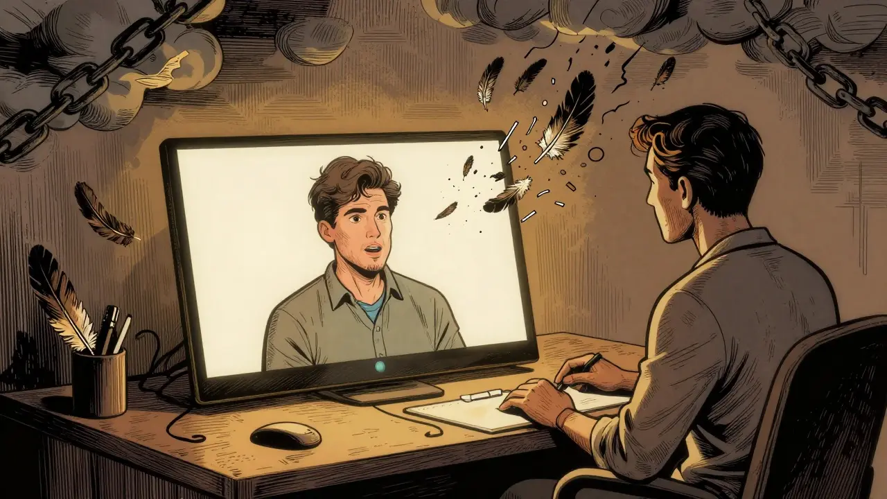 Terapeut a klient komunikují přes obrazovku, řetězy se mění v peří.