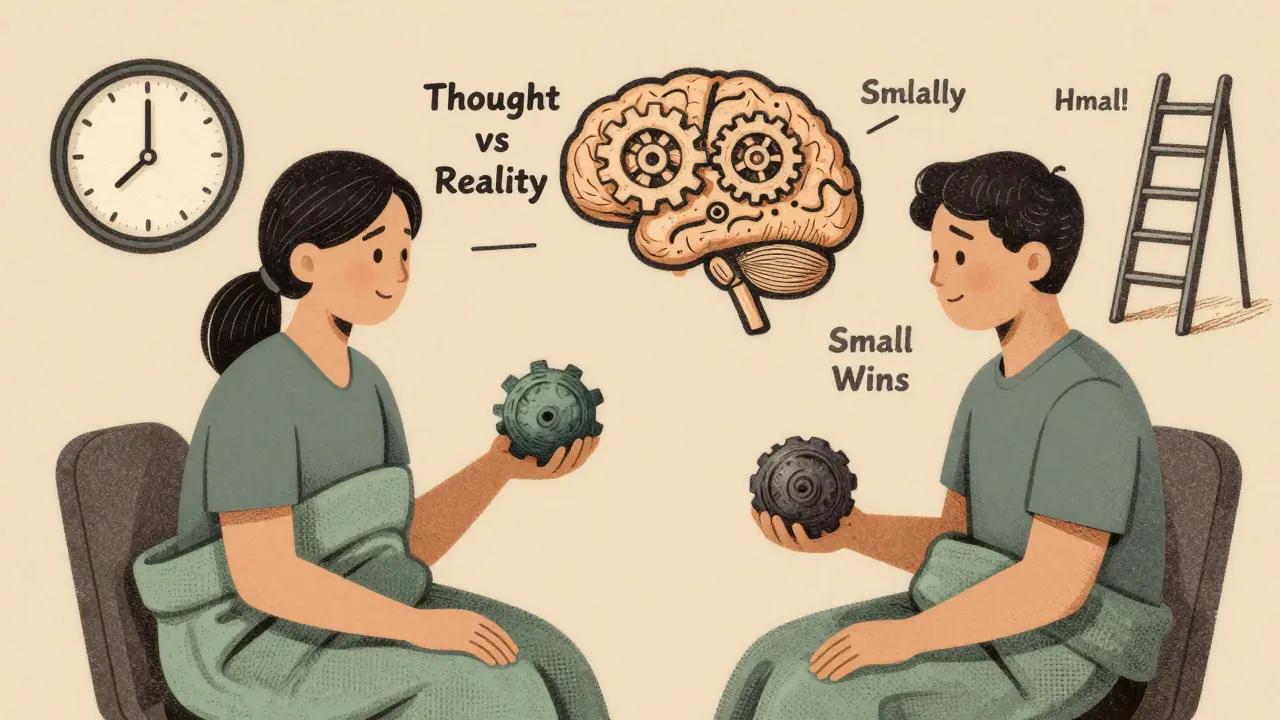 Terapeut a klient společně používají těžkou plátno a míček pro uklidnění.