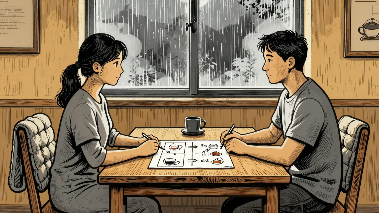 Terapeut a klient spolu v klidu, na stole kroky přípravy čaje a dešťové okno za nimi.