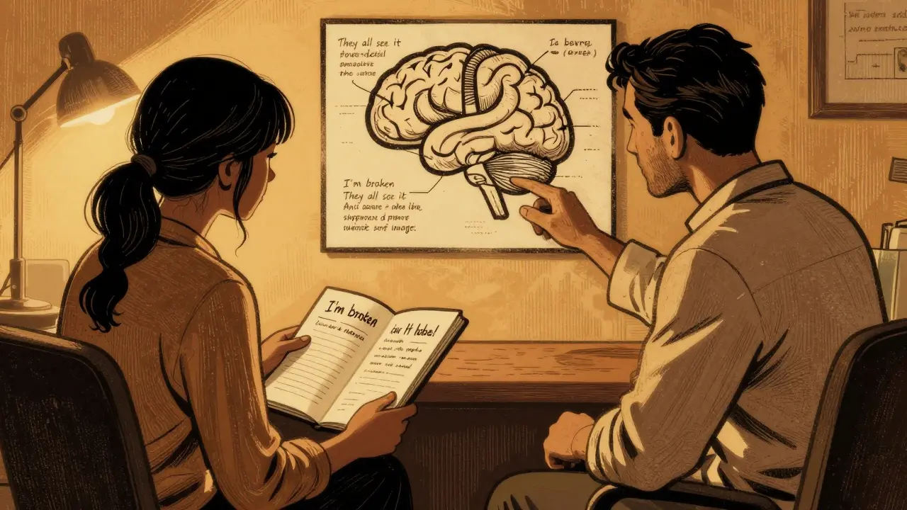 Terapeut a pacient sedí u stolu, terapeut ukazuje na diagram mozku.