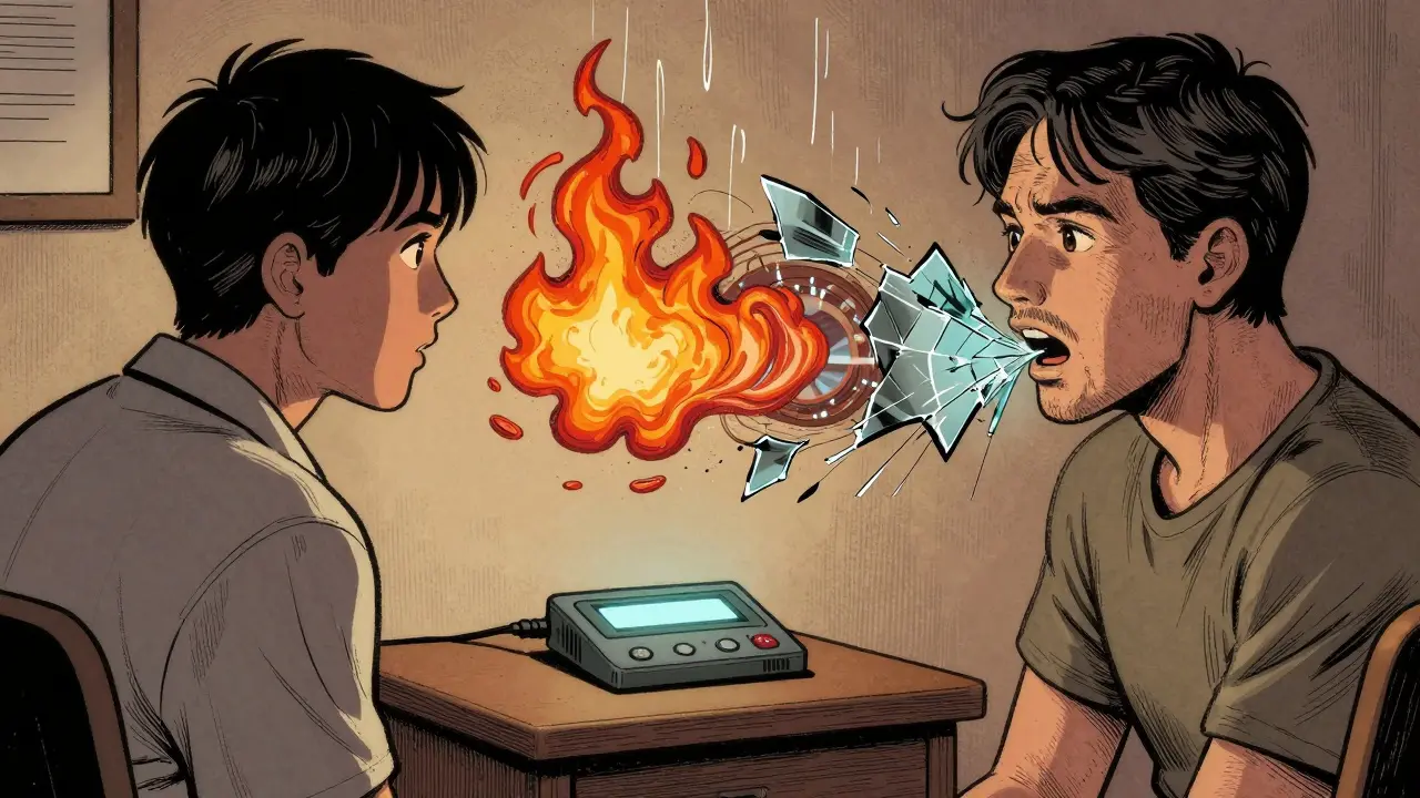 Terapeut a pacient v klidné místnosti, vzpomínky vznikají jako vír z úst pacienta.