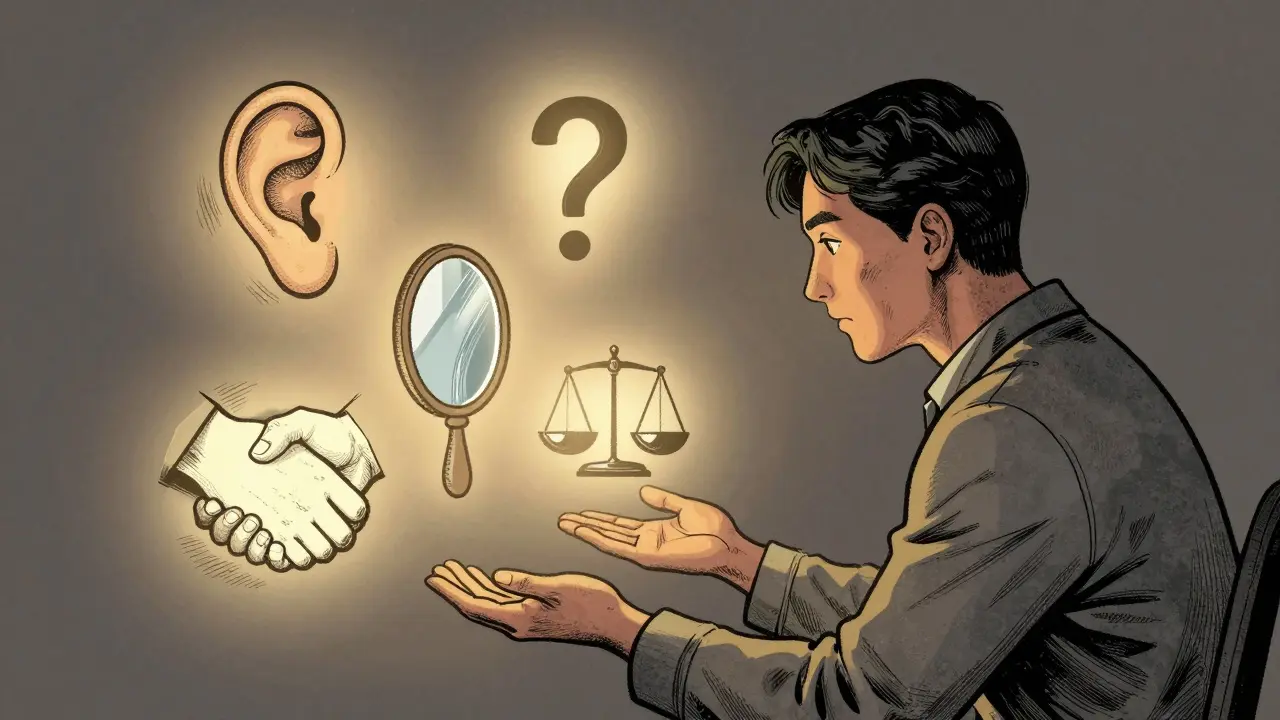 Terapeut obklopen pěti symbolickými technikami motivačního rozhovoru ve stylu dřevořezby.