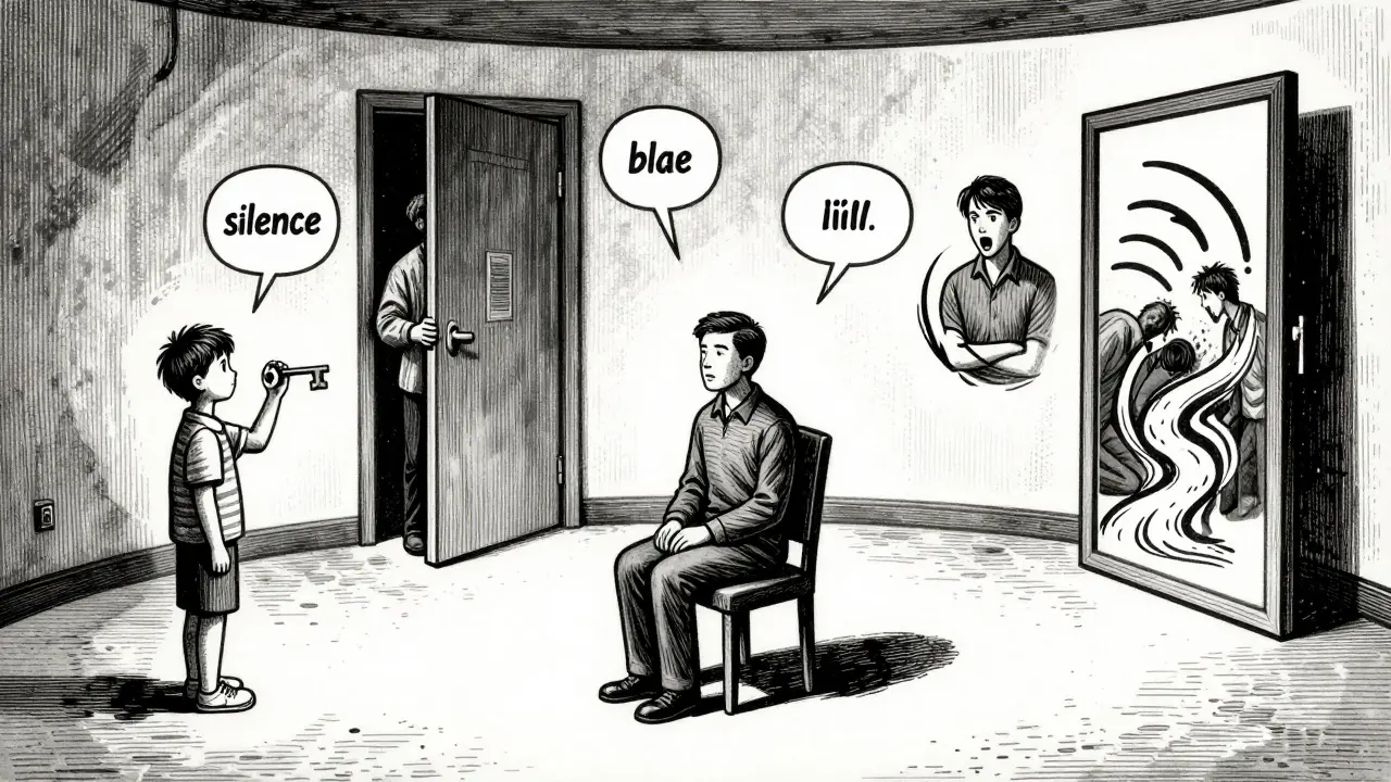 Terapeut v centru, kolem něj symboly rodinných vzorců, bez textu, v dřevořezu.