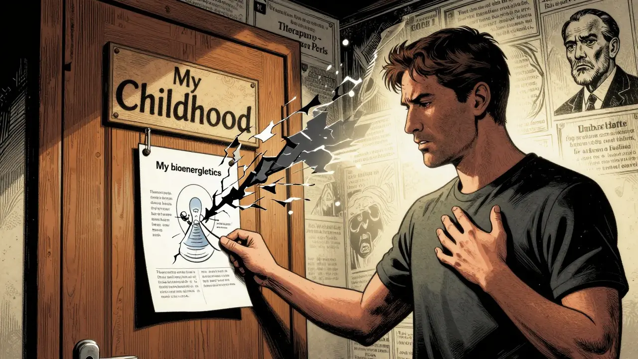 Terapeut vedoucí klienta k překonání vnitřních bariér, kolem nich emocionální a tělesné symboly.