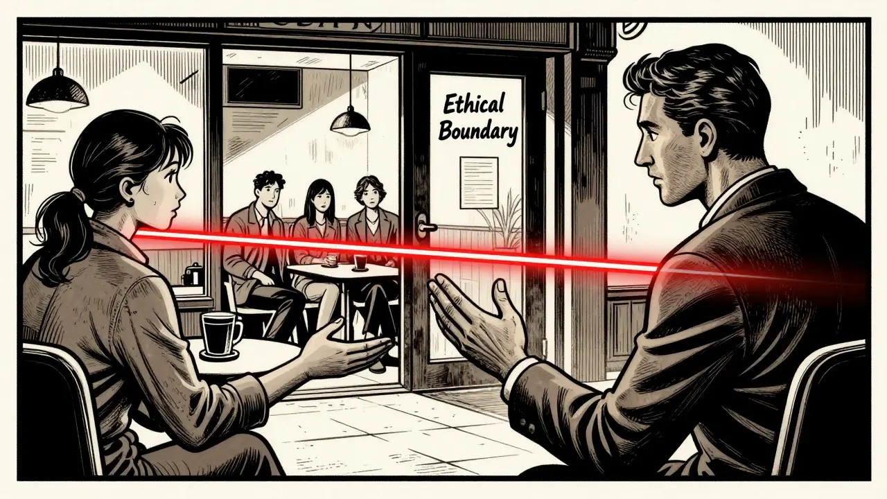 Terapeut zastavuje klienta venku u kavárny, mezi nimi zářící červená čára hranice.