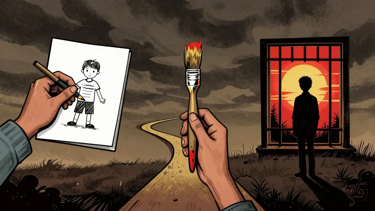 Tři cesty ke smyslu: láska, tvůrčí činnost a postoj k utrpení, znázorněné symbolicky.