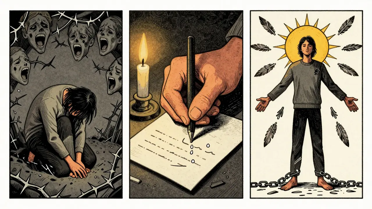 Tři panely ukazují přechod od utrpení k sebe-přijetí přes psaní dopisu.