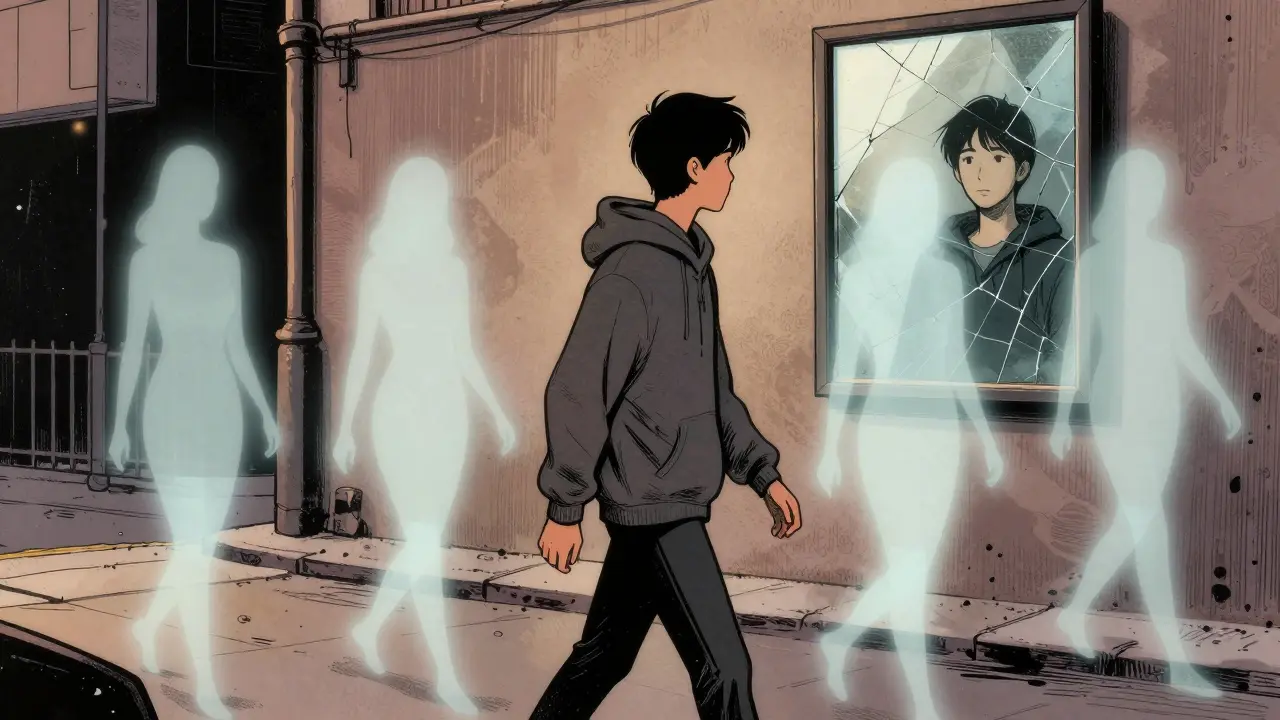 Young person walks past ghostly social media images while their true reflection appears in a cracked mirror.