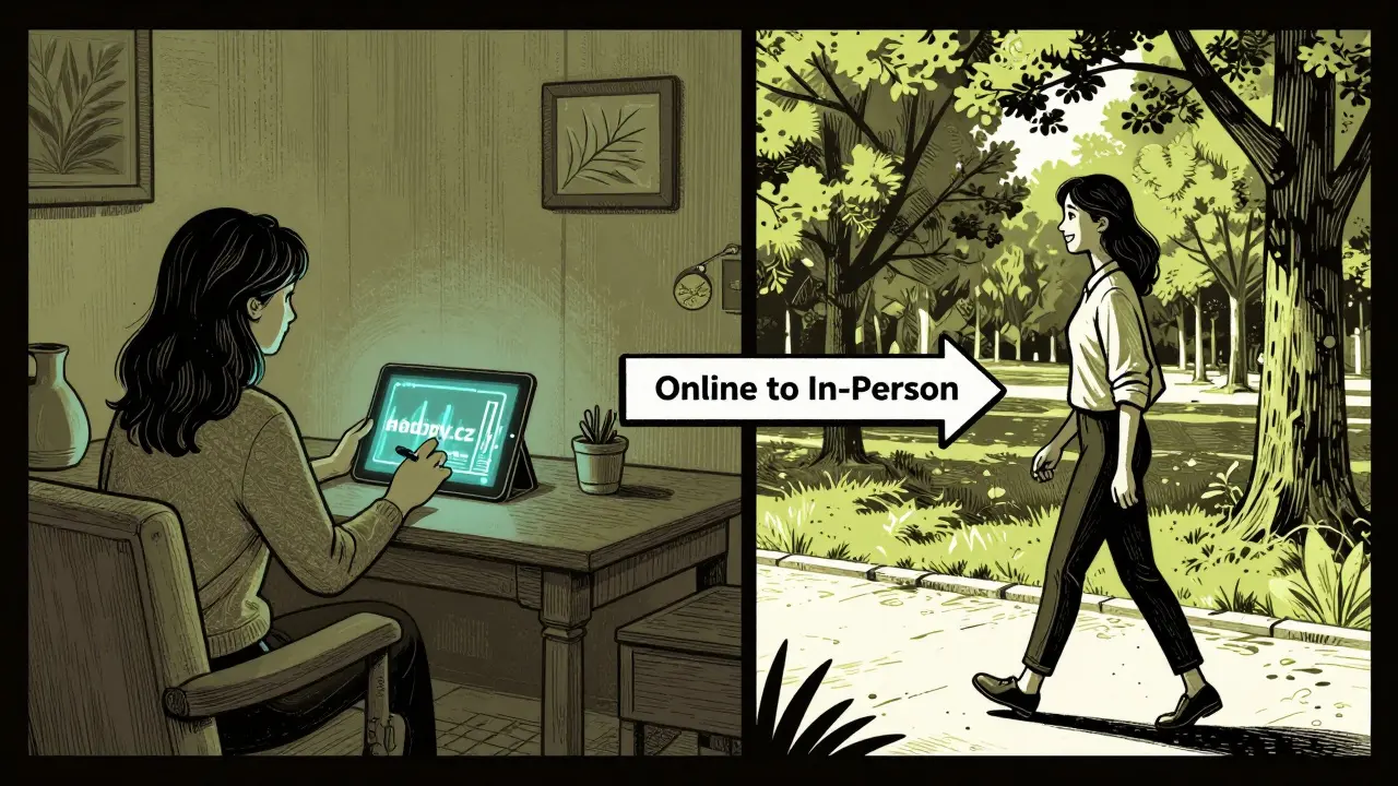 Žena provádí online terapii a později se raduje na procházce v parku.