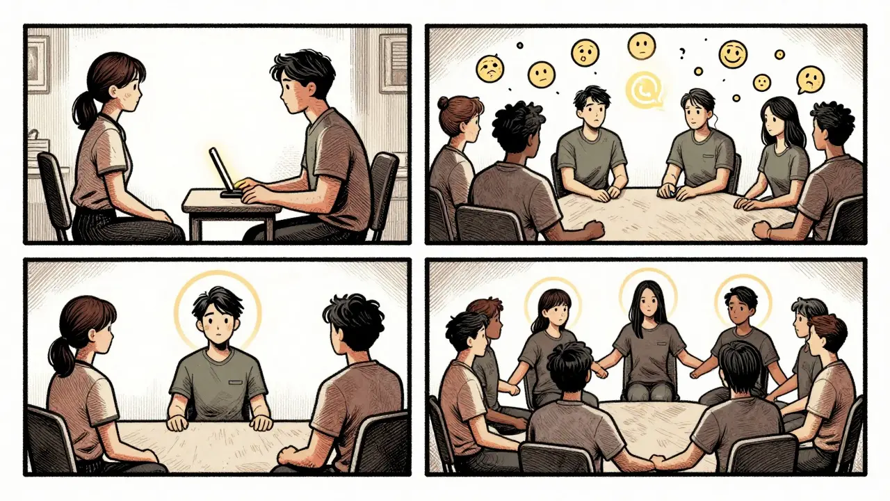 Čtyři pilíře DBT: individuální terapie, skupina, telefonický koučink a tým terapeutů.