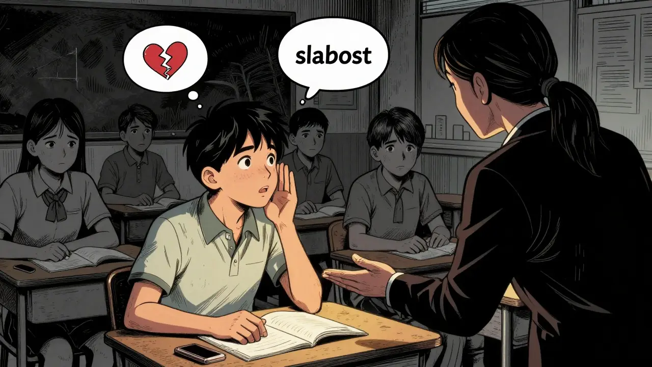 Dítě hovoří s učitelem, zatímco spolužáci na něj kárají pohledy.