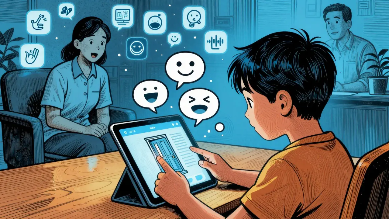 Dítě používá tablet s komunikační aplikací, zatímco dospělí pozorují.