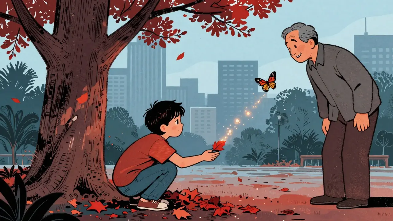 Dítě sbírá červený list v městském parku, dospělý pozoruje motýla, strom s listy.