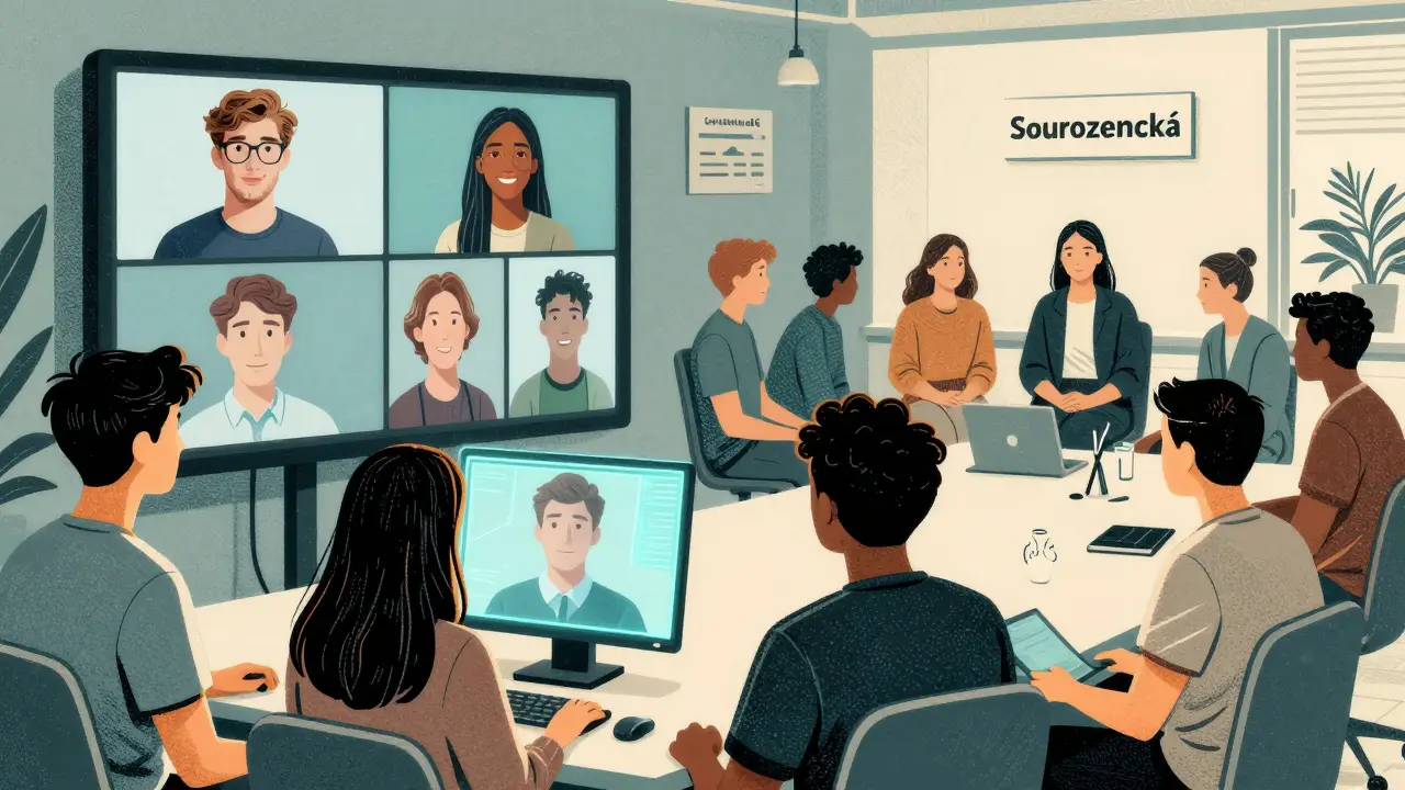 Dospívající účastníci online terapie v roce 2025, jejich avatary spojené s fyzickou skupinou v Praze.