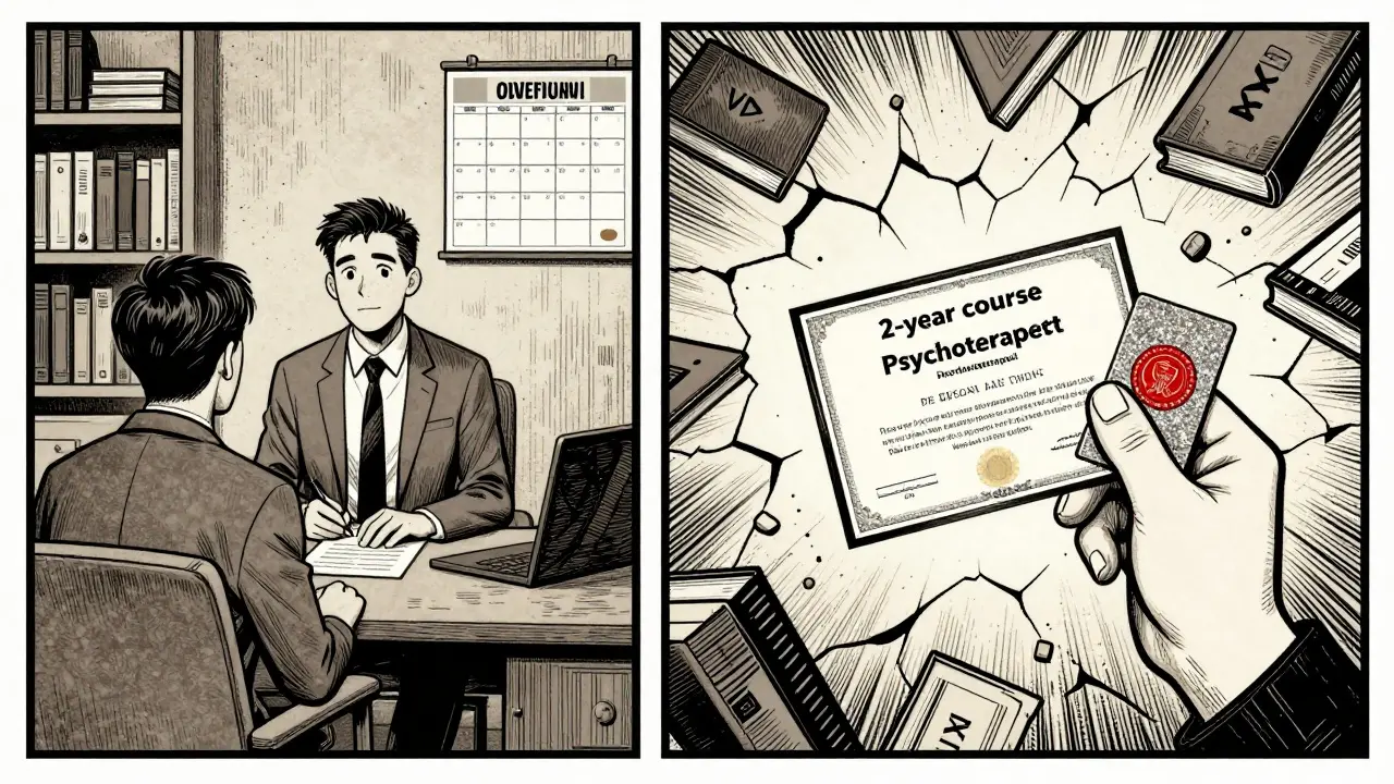 Dvě scény: kvalifikovaný terapeut s certifikáty vlevo, nekvalifikovaný s falešnou vizitkou vpravo.