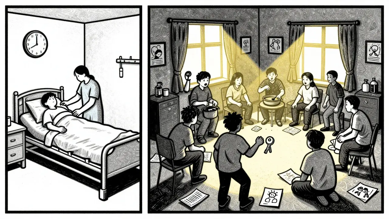 Dvě scény: psychiatrická léčebna vlevo a terapeutická komunita vpravo, znázorňující různé přístupy k léčbě závislosti.