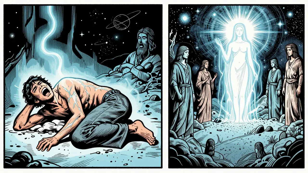 Dvě scény: tělo v bolesti a vnitřní vizí vesmíru při holotropním dýchání.