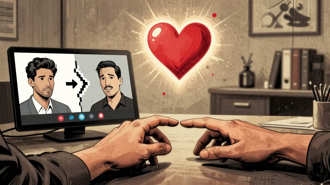 Hybridní scéna: online spojení se přerušuje, zatímco ve fyzické terapii se ruce téměř dotýkají.