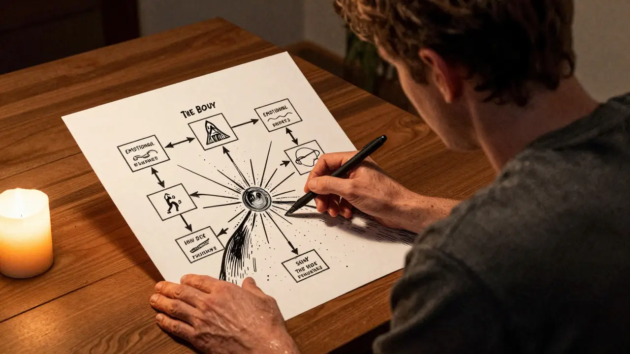 Klient integruje zážitek kreslením, terapeut ho sleduje v klidu.