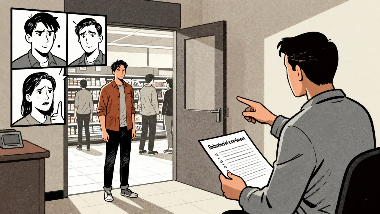 Klient stojí u vstupu do supermarketu, v rozděleném panelu vidí své strachy versus skutečnost, terapeut ho podporuje.