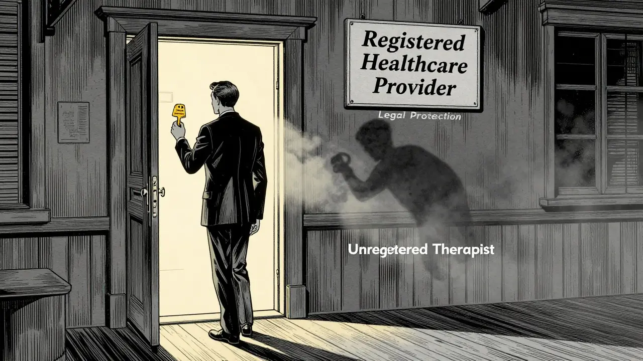 Klient vstupuje do registrovaného zdravotnického zařízení, zatímco nekvalifikovaný terapeut zmizí v mlze.