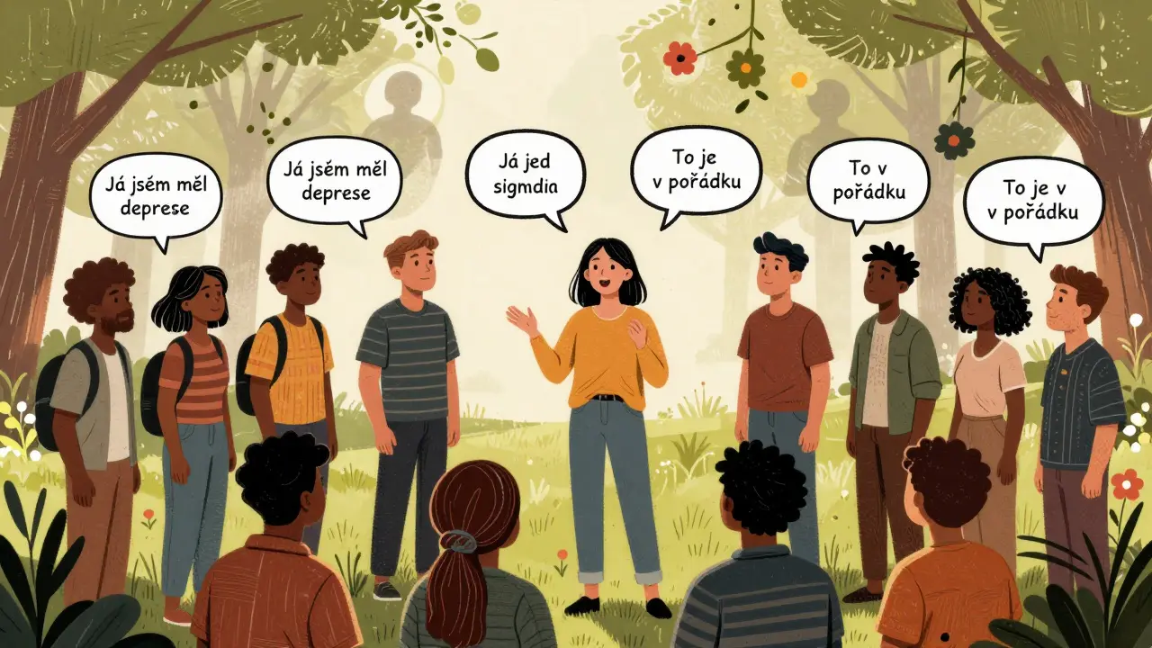 Lidé se setkávají v parku, kde jeden otevřeně mluví o duševním zdraví.