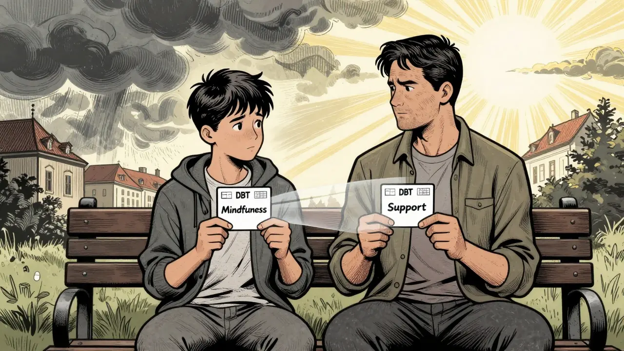 Mladistvý a rodič společně používají DBT nástroje, při rozptylujících se temných mraků.